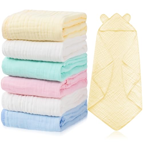 Image of Preboun 6 Pcs 6 Pcs Muslin Baby Hooded Towels Cotton Absorbent 6 Layers Cute Bath Toddler Towels for Newborn Kids Girl Infant Boys Toddler Shower Gift Supplies (Multicolor)