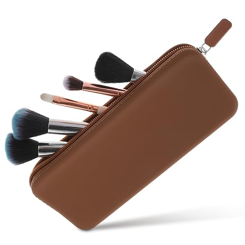 cobee Pochette zippée pour pinceaux de Maquillage, Porte pinceaux cosmétiques en Silicone Lavable étui de Voyage de Grande capacité Rangement de Maquillage Portable pour Femmes (Marron)