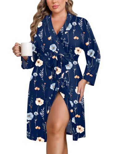 Image of Ekouaer Women Plus Size Robe Knee Length Lightweight Bathrobe Short Kimono Robes with Pockets Maternity Robe