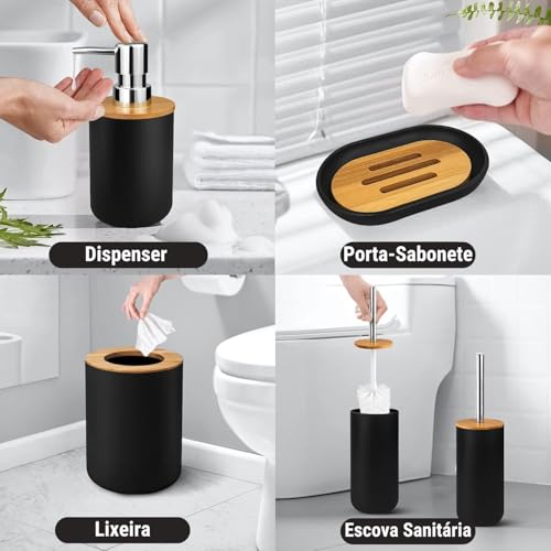Kit Banheiro Completo 6 Peças com Acabamento em Bambu – Lixeira, Escova Sanitária, Dispenser de Loçã