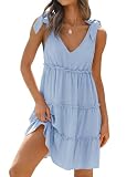 ZESICA Womens 2025 Summer Casual V Neck Sleeveless Mini Dress Tie Shoulder Tiered Ruffle Swing A Line Short Sundresses,Blue,Small
