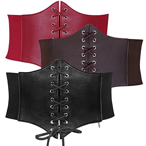 JASGOOD 3 Pack Women Elastic Corset Waist Belt Lace-up Tied Costume Belts for Women Halloween Corset Belt