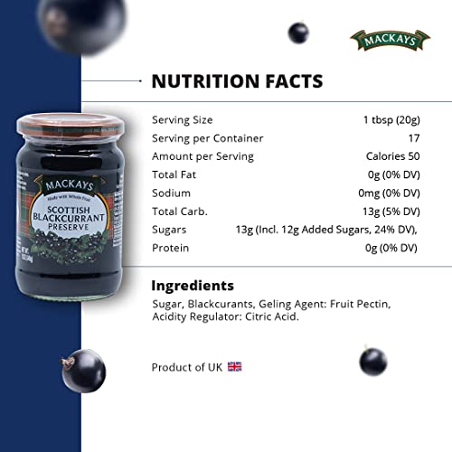 Mackays Scottish Blackcurrant Preserve Jam 340gm | Imported from Scotland | Made with Whole Fruits | Vegan | Gluten-Free | No Artificial Colors or Preservatives