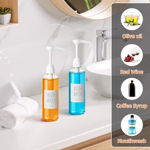 VITVITI Plastic Mouthwash Dispenser for Bathroom, 17 OZ Pump Mouth Wash Container Bottle with Cup, Clear Refillable Mouthwash Dispenser with Labels, Set of 23