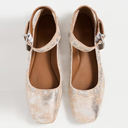 Women's Stud Mary Jane Flats Metallic Square Toe Ballet Flats Ankle Buckle Strap Comfy Ballerina Shoes2