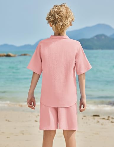 Image of Arshiner Boy's 2 Pieces Linen Sets Short Sleeve Henley Shirt and Shorts Summer Beach Matching Outfits 4-12 Years