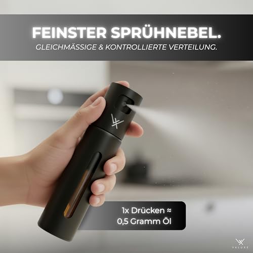 VALUXE® Ölsprüher für Speiseöl & Essig mit UV-Edelstahlmantel & Sprühfilter - Edelstahl Öl-Sprühflasche - Präziser Essig & Olivenöl Sprüher, Öl-Zerstäuber, Oil-Sprayer schwarz 2