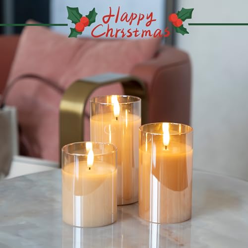 Image of LUSHARBOR LUSHABOR Flameless Candles with Remote, 3 Pack Glass Battery Operated Candles with Timer, Real Wax Glass LED Candles Flickering Wedding Home Party Christmas D3 H4 5 inch 6 inch Gold