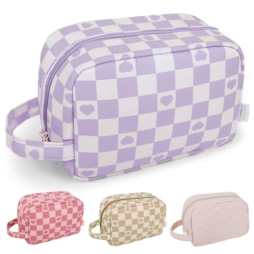 MAXTOP Small Makeup Bag for Purse Purple Checkered Cosmetic Bag Cute Makeup pouch Travel Essentials for Women Business Travel(Purple)