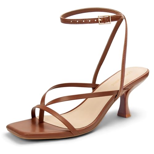 LOOPCHARM Women's Kitten Heel Strappy Open Square Toe Thong Ankle Strap Heels for Wedding,Brown Pu,8