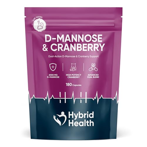 Hybrid Health D Mannose & Cranberry 2 000mg - 2 Months Supply 180 D-Mannose Capsules with High-Strength Cranberry Extract Vegan-Friendly Non-GMO D-mannose Cranberry Dual Formula