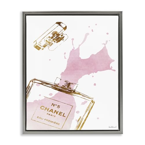 Image of 'Glam Perfume Bottle Splash Pink Gold'| Floating Frame Canvas Art | Stupell Industries | Gray, 17 x 21 Inches, Easy to Hang and Sturdy, Made in USA, by Amanda Greenwood