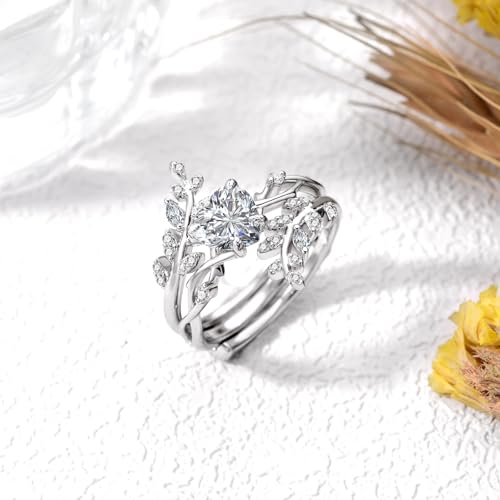 Heart Cut Moissanite Engagement Ring Set for Women, 925 Sterling Silver 1 Carat Heart Shape Leaf Wedding Ring Set Anniversary Jewelry Bridal Gifts for Women3