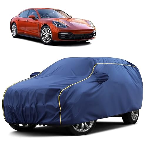 Image of Sulfar 100% Water Resistant Car Body Cover Compatible with Mirror for Porsche Panamera (Triple Stitched, Full Bottom Elastic, Blue Taffeta with Yellow Piping)