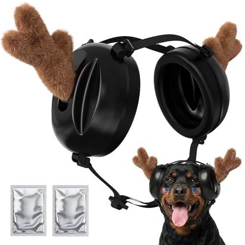 Dog Ear Muffs for Noise Protection Noise Cancelling Dog Ear Muffs for Fireworks Thunder & Anxiety Adjustable for Medium to Large Dogs Includes Lavender Aromatherapy Pads & Detachable Antlers