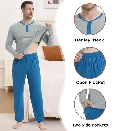 Image of NACHILA Mens Pajamas Set Long Sleeve Henley Sleepwear Top Soft Jogger Pants Pajamas Cool Pjs Set,Viscose Made from Bamboo