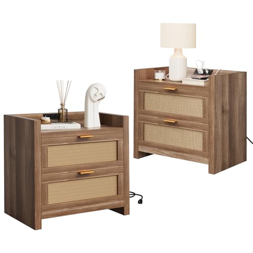 Image of Garvee Night Stand Set of 2, Rattan Nightstands with Charging Station, Boho Bed Side Tables with 2 Drawers, Modern Night Stand for Bedroom, Study, Living Room, Walnut