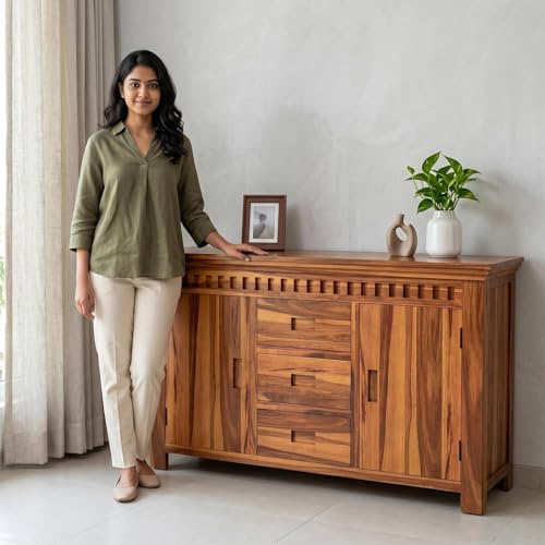 Image of SHIKHA WOOD CRAFT Solid Sheesham Wood Sideboard Cabinet with 2 Doors and 3 Drawers | Wooden Kitchen Cabinet, Crockery Unit, Dining Room Organizer, Living Room Storage Furniture (Kuber Natural Finish)