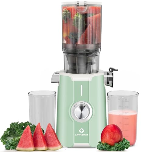 Limpieza Rápida Licuadora Prensado en Frio, Sin Preparación 115mm Slow Juicer, LINKChef Extractor de Jugos Verduras y Frutas Enteras de Prensado en Frio, Fácil de Limpiar, 1.2L, 200w, Verde Claro