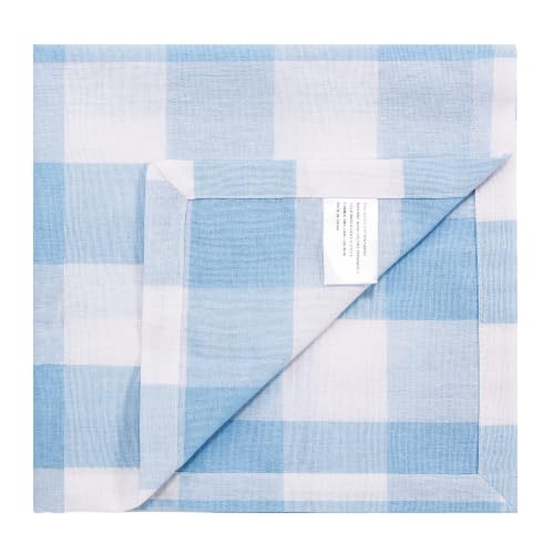 Image of Cotton Cloth Napkins Set of 12 Blend Buffalo Plaid Table Napkins, 18 x 18 Inch Washable Dinner Napkins, Buffalo Checks Cloth Napkins for Restaurant, Wedding, Holiday, Farmhouse，Light Blue and White