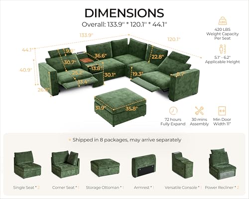 Image of Oversized Modular Power Recliner Sofa Wall Hugger, Cloud Reclining Couch with Headrest, Storage Ottoman, Drawer Charging Cup Holder, Deep L-Shaped 6 Seater with Dual Electric Recliner, Chenille, Green