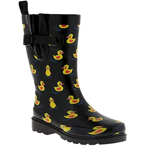 Capelli New York Ladies Rubber Rain Boots, Yellow Duck Print, Mid-Calf Boots, With Buckle, Gusset & Back Pull Loop, Black, Size 7 Cover