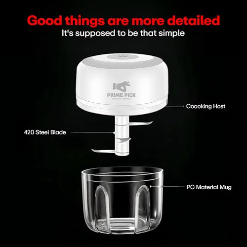 Image of Prime Pick Quick Chop Mini Electric Chopper Rechargeable Food Chopper Stainless Steel Blade One Touch Operation for Garlic Ginger Onion Vegetable Meat Nuts White 250 ml 45 Watt