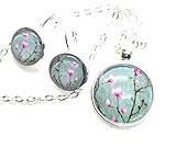 metallo Set Parure Fiori di Ciliegio Rosa, Orecchini e Collana con Ciondolo Cabochon, Idea Originale per Regalo Natale, Fatto a Mano, Gioielli Donna