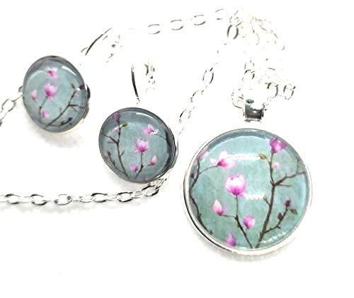metallo Set Parure Fiori di Ciliegio Rosa, Orecchini e Collana con Ciondolo Cabochon, Idea Originale per Regalo Natale, Fatto a Mano, Gioielli Donna