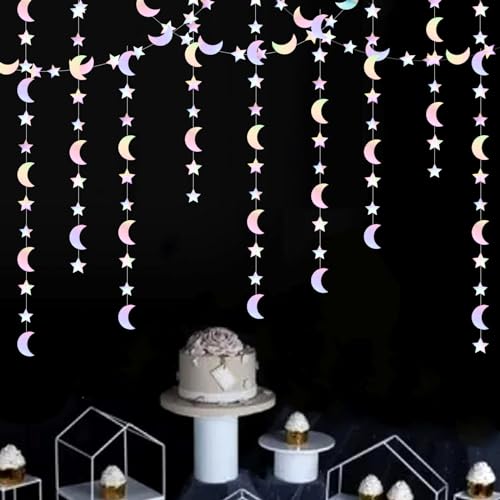 Image of Iridescent Disco-Holographic Party-Decorations Moon-Star Garland - 62Ft Twinkle Little Star Hanging Neon Streamers Banner,Eid Ramadan Mubarak Decoration Birthday Wedding Baby Shower Decor Panduola
