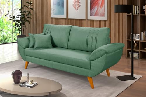Essencial Estofados, Sofa Retro 3 Lugares Linho Almofadas Soltas Pes em Madeira Cor: Verde