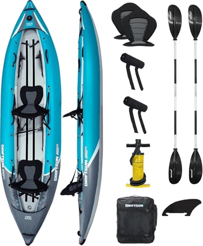 Driftsun Rover Inflatable Kayak - White Water Kayaks for 1 and 2 Person, High Pressure Dropstitch Floor Kayak for Adults with Padded Seats, Action Cam Mount, Aluminum Paddles and Quick Inflate Pump