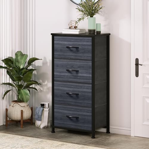 DWVO 4 Drawers Dresser, Dresser for Bedroom, Fabric Storage Tower, Chest of Drawers, Organizer Unit for Closets, Living Room, Sturdy Steel Frame, Wooden Top, Easy Pull Fabric Bins