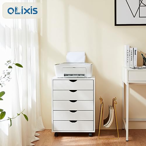 Image of OLIXIS 5 Drawer File Cabinet on Wheels, Printer Stand | Fits Under Desks, Wood Storage Organization Holds Printer, Office Supplies, Not For Hanging Files, For Home Office Use White