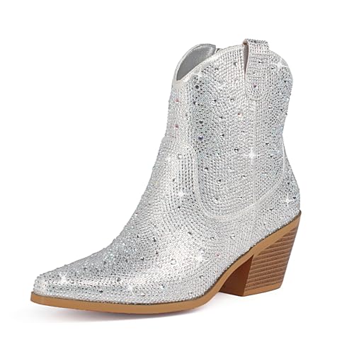 Seborluys Rhinestone Cowboy Ankle Boots for Women Sparkly Short Cowgirl Boots Pointed Toe Western Booties