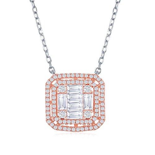 Sterling Silver and Rose Tone Baguette Micro Pave Cubic Zirconia Square 16+2 Necklace