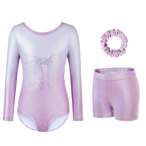 Gymnastics Leotards for Girls - Three-Piece Set with Sparkling Gradient Design Long Sleeve Leotard Shorts & Hairband for Ballet & Dance (Gradient Pink Tag 6A(5-6 Years))