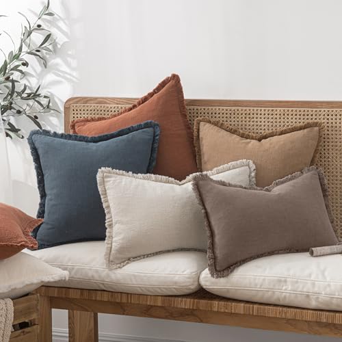 Image of MIULEE Decorative Throw Pillow Covers Neutral Linen Fringe Throw Pillows Set of 2 Malt Ball Boho Farmhouse Cushion Covers with Tassels for Couch Sofa Bed Living Room Fall Decor 20x20 Inch