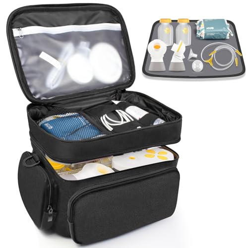 Breast Pump Bag, Double-Layer Breast Pump Carrying Case with Metal Hardware & Shoulder Straps, Compatible with Breast Pumps for Medela, Momcozy, Lansinoh, Elvie, Willow