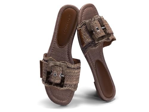 Image of Coutgo Womens Flat Sandals Raffia Slip On Slide Sandal Square Open Toe Buckle Summer Beach Shoes Flats
