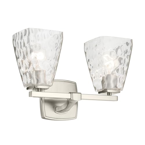 Image of Kichler Marant 2-Light Bathroom Vanity Light Fixture with Clear Water Glass in Brushed Nickel, Modern Wall Mount Light for Bathroom Over Mirror (14.25 in x 9.5 in), 55215NIWTR