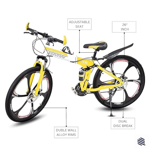 Image of Amaze Kai Dual Suspension Bikes Bm Foldable Gear Cycle for Men with 21 Speed Gear 6 Spoke | Folding Mountain Bike with Double Disc Break & Mac Wheel, 26 Inch (Yellow)