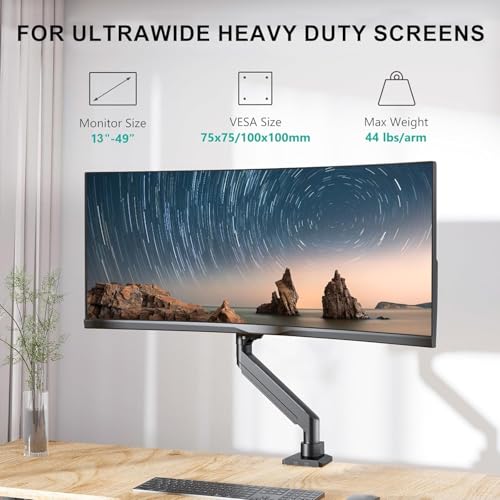 Image of WALI Ultrawide Single Monitor Arm for 13-49 Inch Heavy Duty Curved Screens, up to 44 Lbs, Adjustable Single Monitor Desk Mount with C-Clamp, Grommet Base, 75 /100mm VESA (GSM001XL), Black