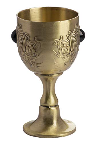 VIDAYA Chalice Goblet, Hand-Made Vintage Pure Copper Engraving Flower Pattern Metal Embossed Wine Copper Gemstone Cups Medieval Gothic Goblet 1.7oz 2-Pack