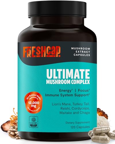 FreshCap Mushrooms Ultimate Mushroom Supplement 12,000mg - Mushroom Complex Capsules, Organic Supplement Ayurveda (120 Capsules)