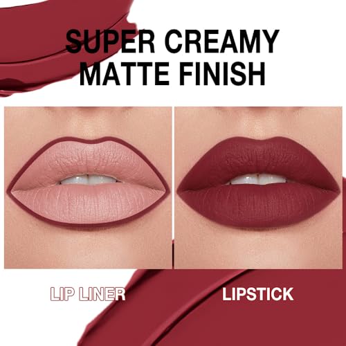 Image of Kaely Dark Red Gradient Matte Lipstick Lip Liner Pencil for Women, 2in1 Flawless Contour Gradual Ombre Effect Lip Pencil Makeup Waterproof, labiales mate 24 horas originales, 03