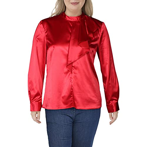 Tahari ASL Women's Long Sleeve Ruffle Front Mock Neck Blouse, Red Kiss, M