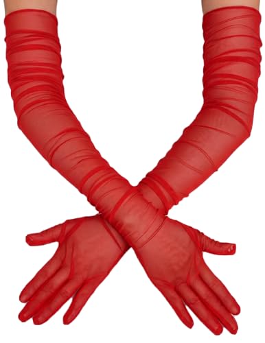 Avidlove Long Red Sheer Tulle Gloves for Women Mesh Elbow Length Honeymoon Christmas Costume Party Dance Glove