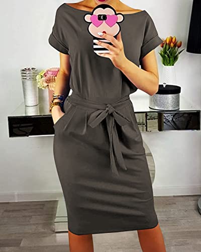 Image of PRETTYGARDEN Women's Summer Short Sleeve Crewneck Striped Dress Basic Solid Tie Waist Office T Shirt Dresses Pockets