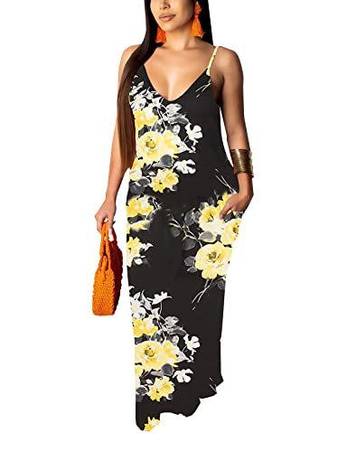 Image of Maxi Dress for Women Casual Sexy Summer Floral Spaghetti Strap Sleeveless Long Sundress with Pockets Plus Size, Medium
